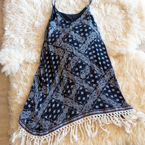 5TH & LOVE Dress,Navy Blue, Ivory & White,Hippy Boho Fringe, Adjustable Tank - Picture 4 of 5